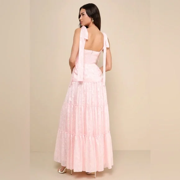 New Lulus Picturesque Allure Blush Pink Jacquard Tie-Strap Maxi Dress XL - Picture 2 of 4